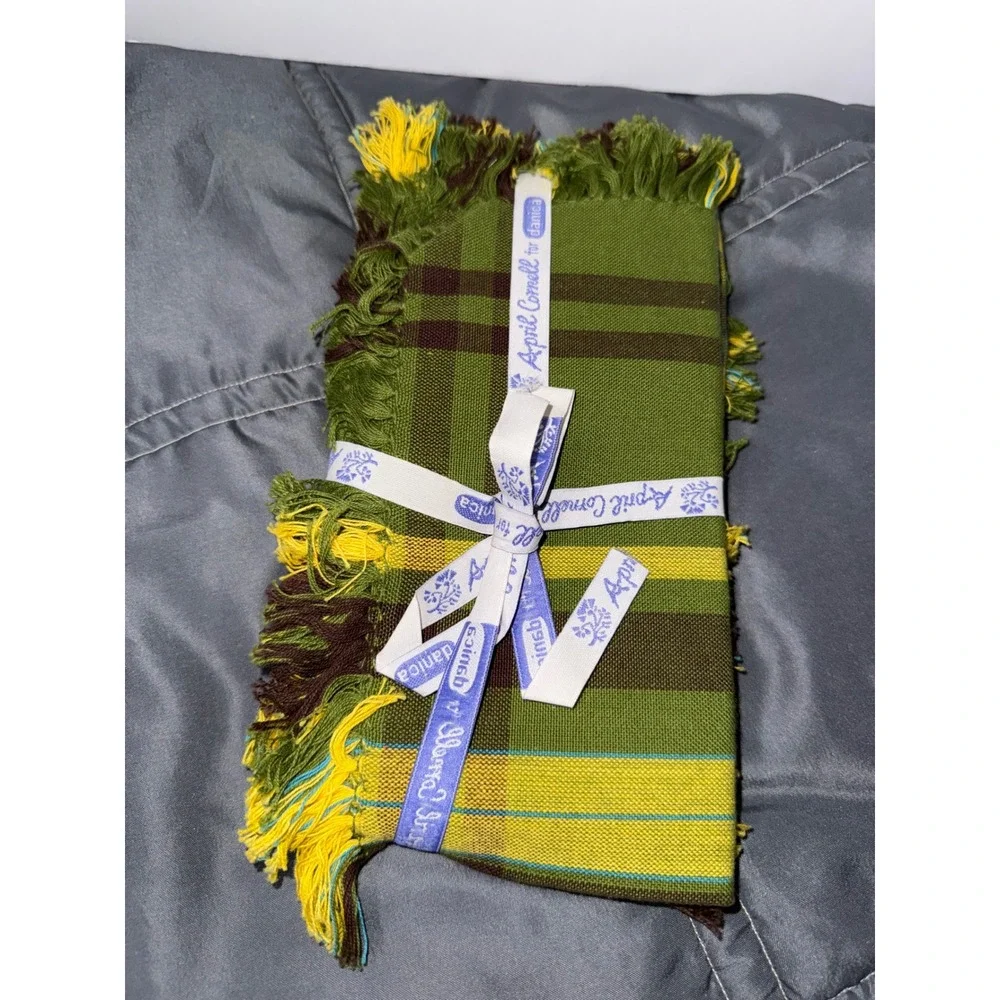 April Cornell for Danica Painters Plaid Olive Cotton Fringed Napkins Set of 4